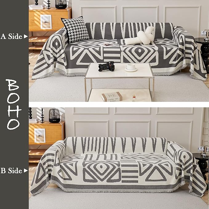 HANDONTIME Reversible Sofa Cover Boho Geometric Couch Cover for Dogs Dark Grey Couches Covers Washable Chenille Couch Covers for 3 Cushion Couch Pet Friendly Furniture Protector for Pets, 91" X150"