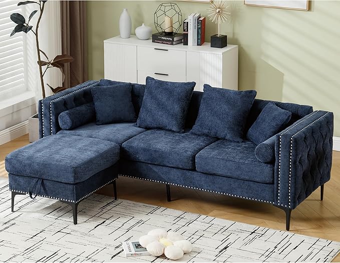 Ball & Cast 85" L Shaped Sectional Sofa with Storage Ottoman, Morden 3 Seater Tufted Couch with Nailhead Trim and Metal Legs for Living Room, Apartment, Office, Blue