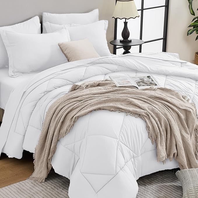 HEVUMYI White Queen Comforter Set - 7-Piece All Season Bed in a Bag Queen, Ultra Soft Bedding Set with Comforter, Flat Sheet, Fitted Sheet, Pillowcases, Pillow Shams
