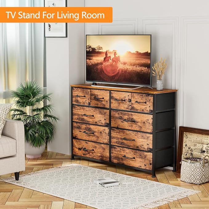 Furnulem Bedroom Dresser for 55”Long TV Stand,10 Storage Organizer Dressers & Chests of Drawers, Sturdy Metal Frame & Wood Top Tall Storage Cabinet for Bedroom Closet Living Room Entryway Rustic Brown