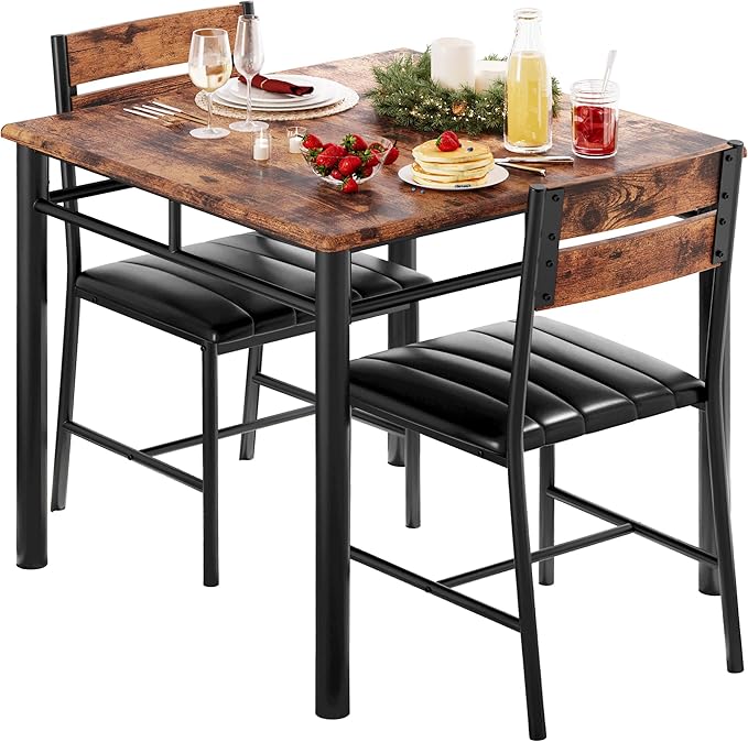 IRONCK Dining Table Set for 2, Small Kitchen Table with Upholstered Chairs Dinning Table Set for Kitchen & Dining Room, Compact Dining Set for Small Spaces, Rustic Brown