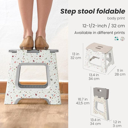 Vigar Compact Step Stool Foldable, 12-1/2-inch Step Stools for Adults up to 330 Pound, Lightweight Stool, Non-Slip Folding Step Stool, Grey Terrazo Pattern