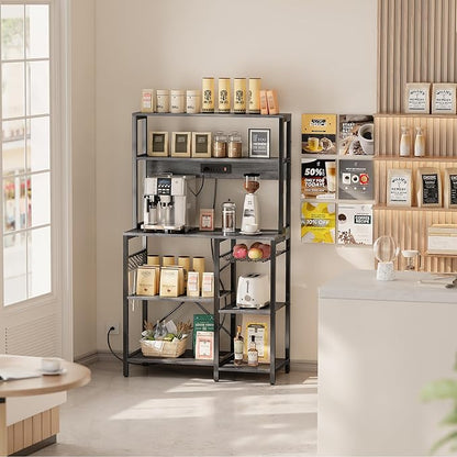 SUPERJARE Bakers Rack with Power Outlet, 35.4 Inches Coffee Bar with Wire Basket, Kitchen Microwave Stand with 6 S-Shaped Hooks, Open Storage Shelves, Charcoal Gray