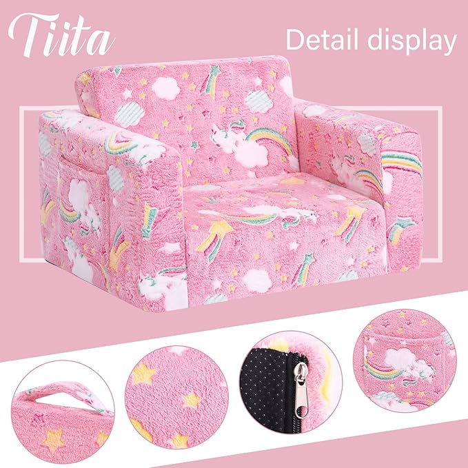Tiita Kids Chair Couch, Folding Toddler Comfy Chair, 2-in-1 Kids Plush Sofa Fold Out, Baby Armrest Sofa to Lounger, Convertible Play Sofas to Bed for Girl or Boy, Pink Rainbow