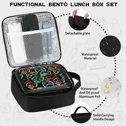 Bento Lunch Box for Kids With 8oz Soup thermo,Leak-proof Lunch Containers with 5 Compartment,thermo Food Jar and Lunch Bag, Food Containers for School (A-Black(Game Consoley))