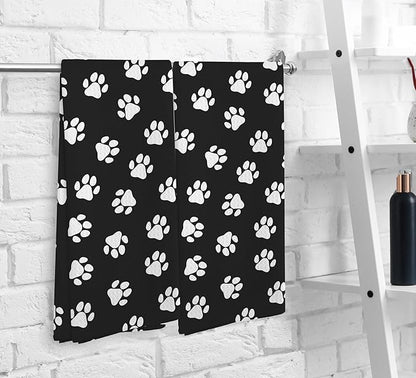 Dog Paws Kitchen and Dishcloths Set of 2, Black and White Hand Towels, Cute Paw Print Decorative Dish Towel, Gifts for Dog Lovers, 1624 Inch