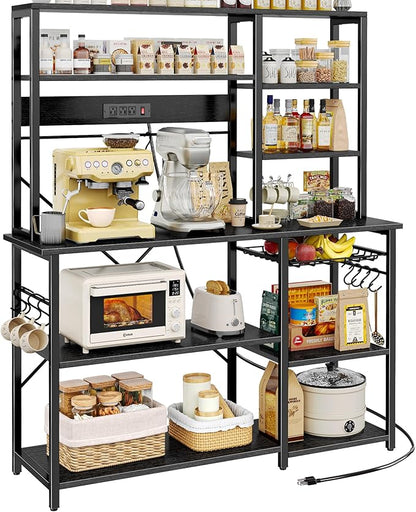 SUPERJARE Larger Bakers Rack with Power Outlets, 6-Tier Microwave Stand, Coffee Bar with 12 S-Shaped Hooks, Kitchen Shelf with Wire Basket, 47.2 x 15.5x 66.9 Inches, Black