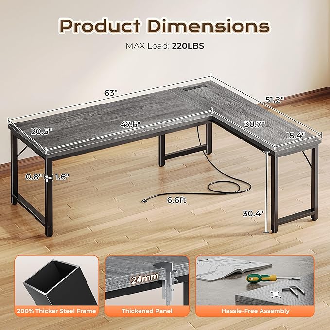 Huuger 63 Inch L Shaped Desk with Power Outlets and USB-C Port, Reversible Computer Desk, Larger Office Corner Gaming Desk, 0.95 Inch Thicker Desktop, Metal Frame, for Home Office, Study, Grey
