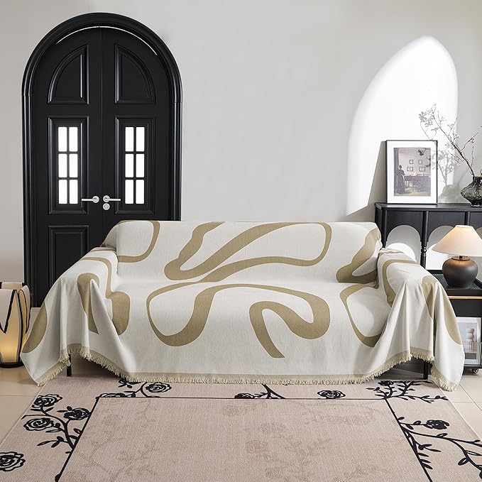 MYSKY HOME Boho Couch Cover Super Soft Couch Covers for 2-3 Cushion Couch Sofa, Modern Khaki Jacquard Sofa Slipcover Loveseat Futon Cover, Couch Covers for Sectional Sofa, 71" x 118", Khaki Curve