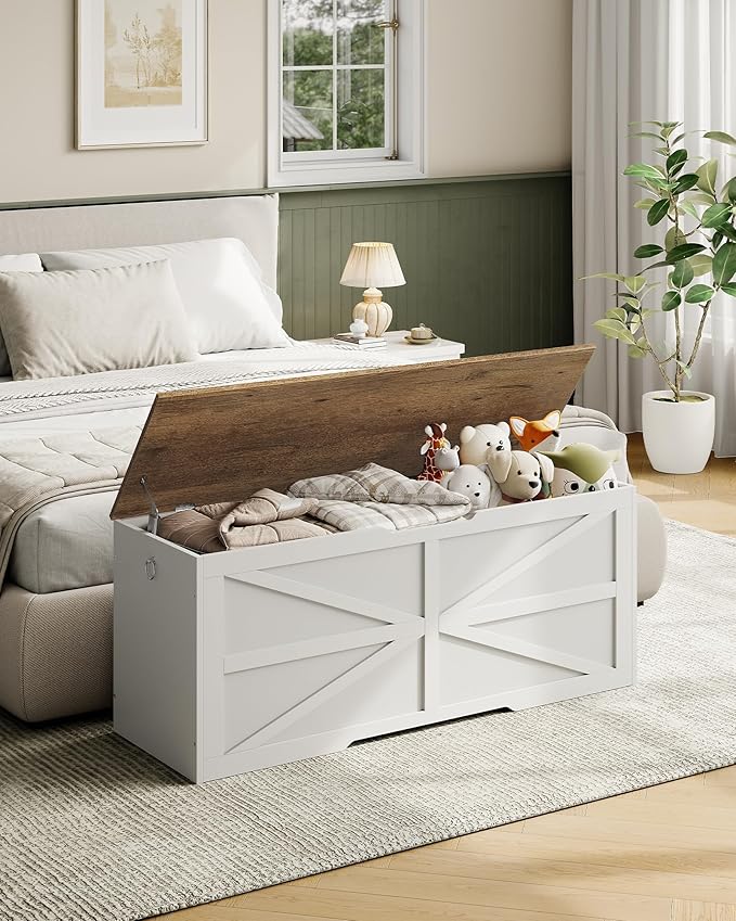 Storage Chest, 47.2" Wooden Storage Trunk, Modern Storage Bench with Safety Hinge, Toy Box, Farmhouse Style, for Bedroom, Living Room, Walnut and White MCW16WL