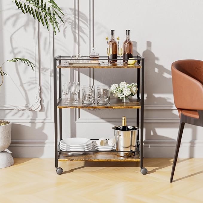 HITNET Bar Cart for The Home, Home Bar Serving Cart with Wheels and Storage Shelves, 3 Tier Rolling Liquor Beverage Cart for Kitchen Dining Living Room, Rustic Brown and Black