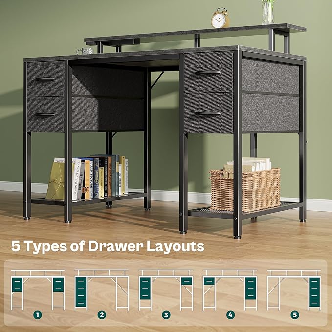 Huuger 47 inch Computer Desk with 4 Drawers, Gaming Desk with LED Lights & Power Outlets, Home Office Desk with Large Storage Space for Bedroom, Work from Home, Grey