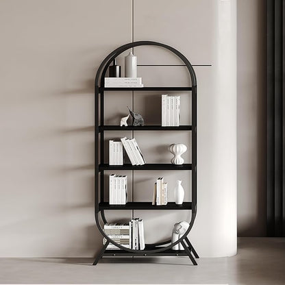 Bookshelf Arched Bookcase, Industrial 5 Tier Open Book Shelves with Metal Frame, 72" Tall Freestanding Display Rack for Home Office, Living Room, Black