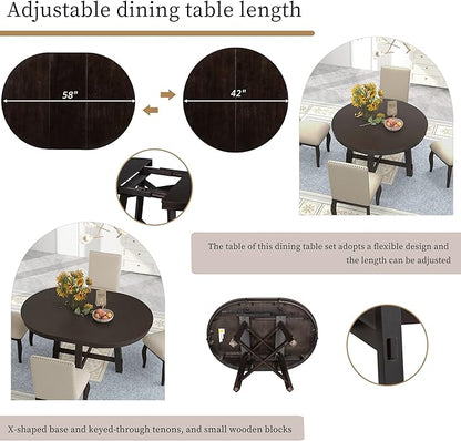 Ball & Cast 5 Piece Dining Table Set with 4 Upholstered Curved Legs Chairs,Living Room Furniture W/ 43" Round Extendable Desk,for Restaurant,Home Bistro,Espresso