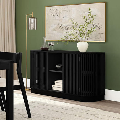 Plank+Beam Contour Wood TV Stand, Two Door Solid Wood Entertainment Console with Storage, 59" L x 16" W x 30" H, Black
