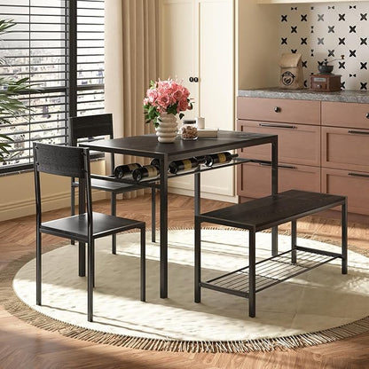 VECELO Kitchen Dining Room Table with 2 Chairs & Bench, Compact Space-Saving Design, Easy Assembly Steel Frame, Perfect for Small Apartments & Breakfast Nooks，Industrial