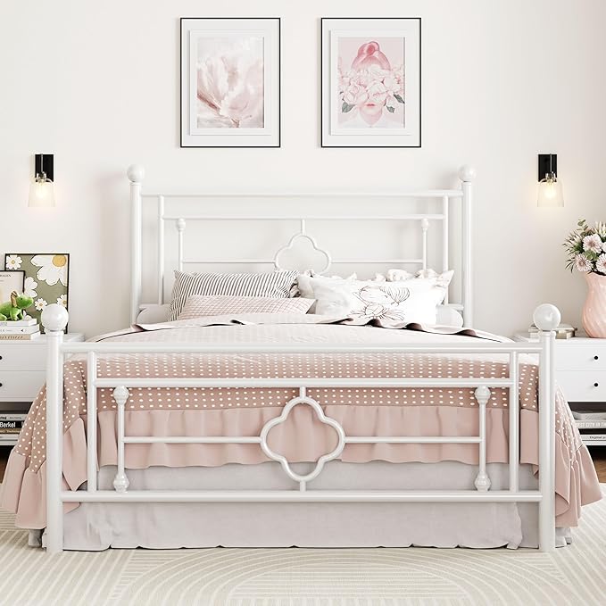 SHA CERLIN 14 Inches Full Size Metal Platform Bed Frame/Vintage Iron-Art Headboard and Footboard/Mattress Foundation for Storage/No Box Spring Needed/Noise-Free/Easy Assembly/White