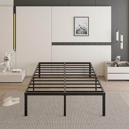 18 Inch Queen Bed Frame with Black Bed Cover, Metal Bed Frames Queen Size No Box Spring Needed, Heavy Duty Mattress Foundation, Easy Assembly, Noise Free