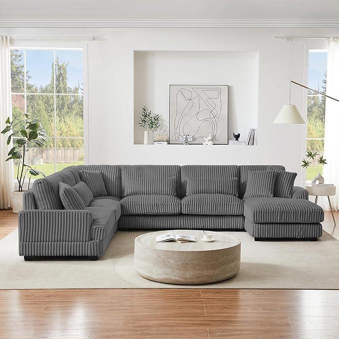 129" Oversized U Shaped Modular Sectional Sofa Couch for Living Room 7 Seater Plush Corduroy Upholstered Large Sofa Deep Seat Cloud Couch with Extra Wide Chaise Lounge and Detachable Thick Cushions