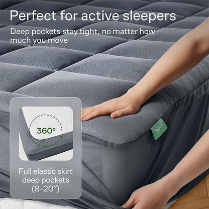 Ultra Soft Queen Size Mattress Topper - Viscose Made from Bamboo Pillow Top Mattress Pad for Back Pain Relief - Naturally Cooling for Hot Sleepers, Grey