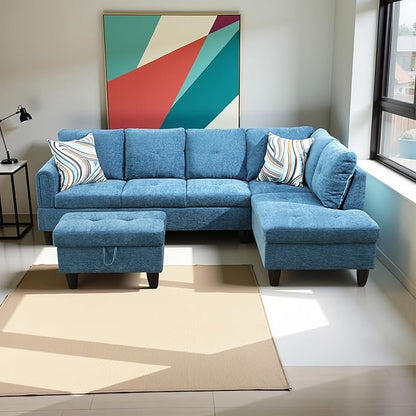 Couches for Living Room Modern L Shaped Couch Comfy Flannel Fabric 3 Pieces Sectional Sofa with Chaise, Ottoman with Storage for Office and Small Apartment, Blue