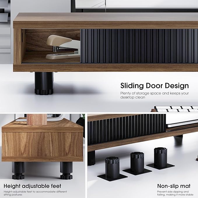 Fenge Dual Monitor Stand, 42.5inch Long Monitor Stands Riser for 2 Monitors, Sliding Door with Storage Organizer Stand for Desk, 2 Tier Desk Shelf for Laptop, Pc, Printer, Computer, TV