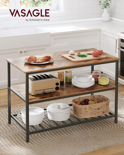 VASAGLE Kitchen Island with 3 Shelves, 47.2 Inches Width Kitchen Shelf with Large Worktop, Stable Steel Structure, Industrial, Easy to Assemble, Rustic Brown and Black UKKI01BX