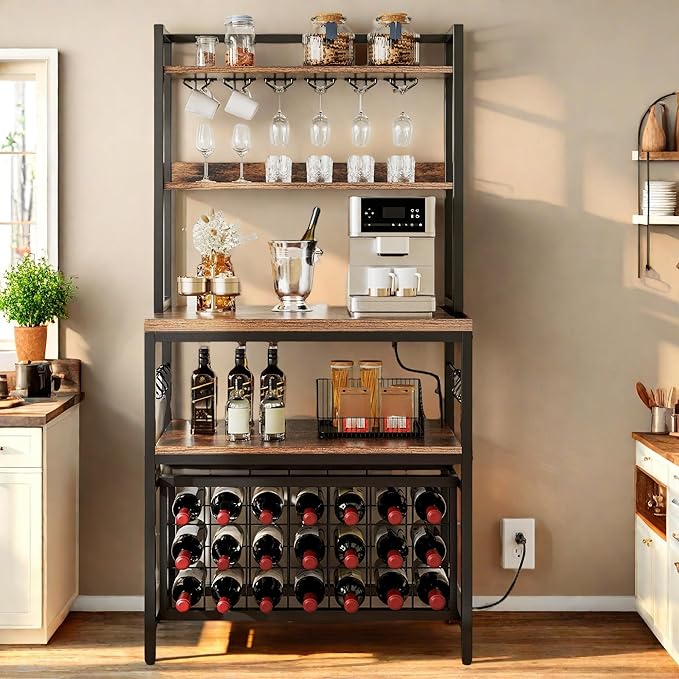 DWVO Large Bakers Rack with Power Outlets and Wine Rack, 5-Tier Microwave Stand with Glasses Holder, Coffee Bar Kitchen Storage Shelf with 6 Hooks, for Kitchen, Living Room, Office, Rustic Brown