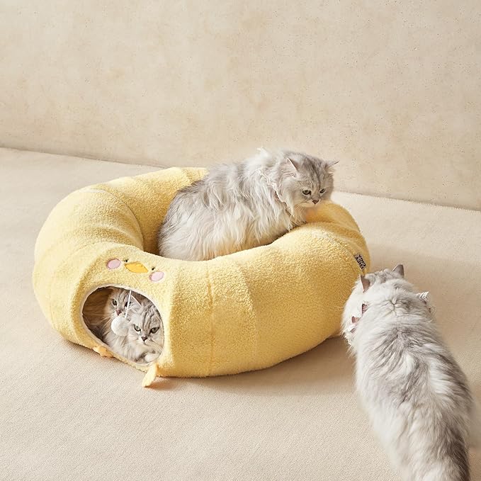 EHEYCIGA Cat Tunnel Bed for Indoor Cats, Cute Cat Donut Toy Tunnel for Small Large Cats with Washable Circle Cushion, Peekaboo Pet Cave Play Tunnel for Kitten, Puppy, Rabbit