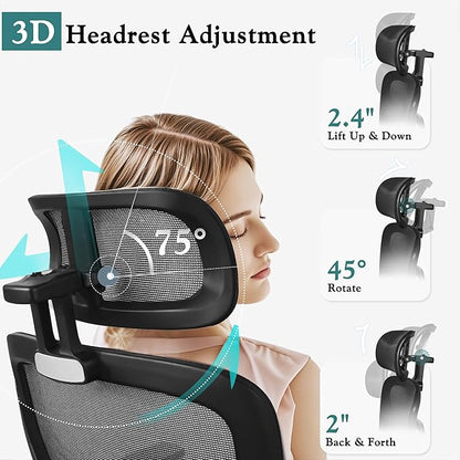 VECELO High Back Ergonomic Office Chair, Big and Tall Mesh Desk Chair with Wheels, Tilt Function, 3D Armrests & Headrest, Lumbar Support, Swivel Rolling Computer Chair for Task, Home Office, Black