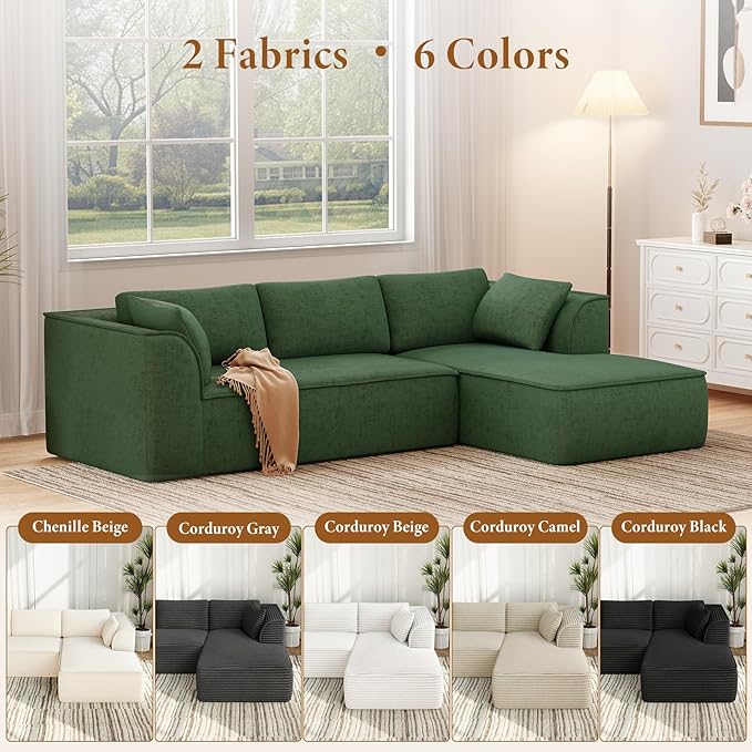 Vesgantti 106" Cloud Sectional Couch with Chaise, Deep Seat Modular Sectional Sofa Chenille Memory Foam Sofa Boneless Couches for Living Room Bedroom, No Assembly Required (Green, Right-Facing Chaise)