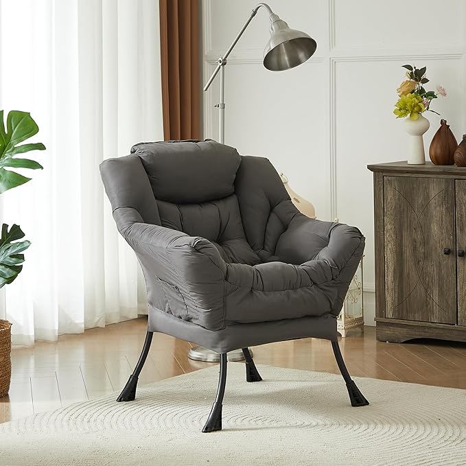 HollyHOME Large Fabric Lazy Chair for Living Room Cozy Accent Reading Chair with Armrests Comfy Lounge Sofa Chair for Bedroom, Dorm & Small Spaces | Dark Grey