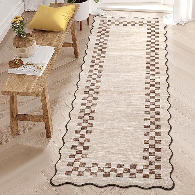 GarveeHome Hallway Runner Rug 2x6 Non Slip Scalloped Washable Rug for Kitchen Entry Stain Resistant Modern Border Throw Floor Carpet Long Runner Mat for Bathroom Living Room Bedside, Beige