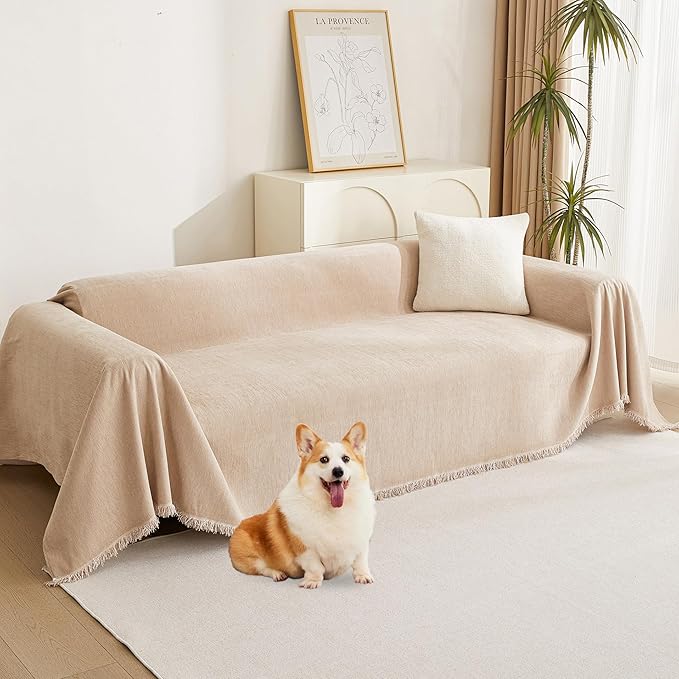 MYSKY HOME Couch Cover 3 Cushion Sofa With Tassel Chenille Slipcover for Sectional L Shaped Furniture, Dogs Protector, 71" X150", Khaki