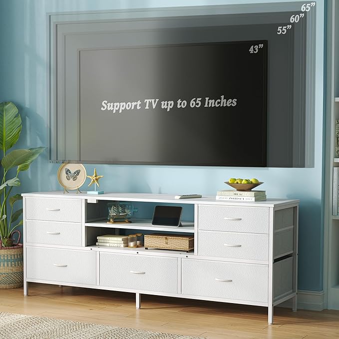Huuger Dresser for Bedroom With Power Outlets and LED Lights, 7 Drawers TV Stand for 60 Inch TV, Console With Open Shelf, 55 Inches Wide White, PU Leather