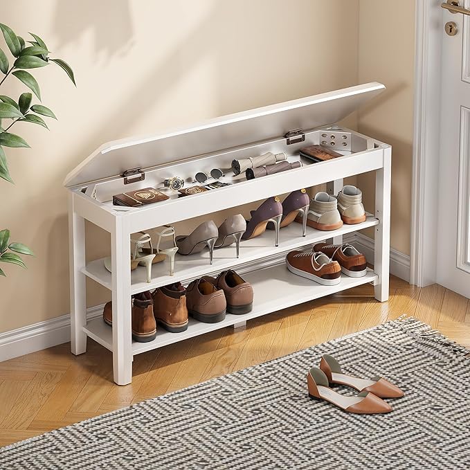 Shoe Rack Bench Seat Rubberwood 2-Tier Wooden Storage Bench 550lbs Compact Mid-Century Modern Design for Entryway, Hallway, Closet, Front Door Entrance, Foyer