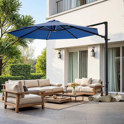 Greesum 10FT Outdoor Patio Umbrella with High Pedel and 4 Gear Heights, Large Offset Market Umbrella with 360-degree Rotation, Without Base, Hanging Outdoor Shade for Garden, Lawn, Pool, Deep Blue