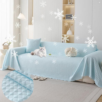 HANDONTIME Cooling Dog Couch Cover Ice Silk Washable & Breathable Pet Sofa Protector Durable Couch Covers for Sofa Pet Friendly Soft Dog Cooling Bed Cover Sofa Protector Covers (Baby Blue, 71"x118")
