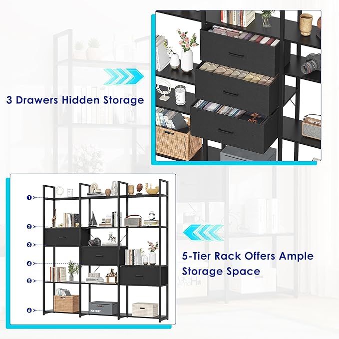 73.6" Tall Bookshelf with 3 Drawers and 16 Storage Shelves, Industrial Bookcase with 16 Open Display Shelves, Large Etagere Bookshelf, Triple Wide Book Shelf Book Case for Home & Office, Black