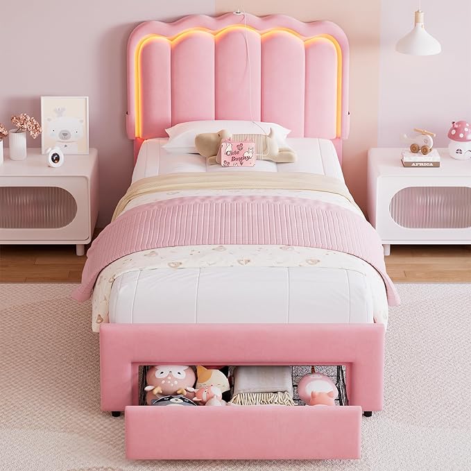 Twin Upholstered LED Bed Frame with Storage Drawer and Adjustable Chic Double Wavy Headboard, Velvet Princess Platform Bed for Girls/Kids, Solid Wood Slats Support, No Box Spring Needed, Pink