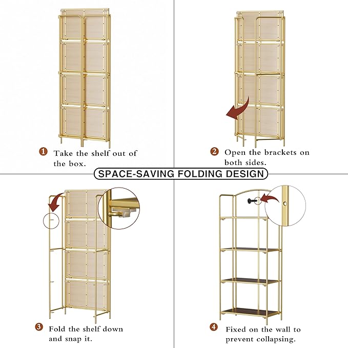 Crofy No Assembly Folding Bookshelf for Living Room, 4 Tier Gold Collapsible Book Shelf for Home Office, Portable Bookcase Storage Organizer