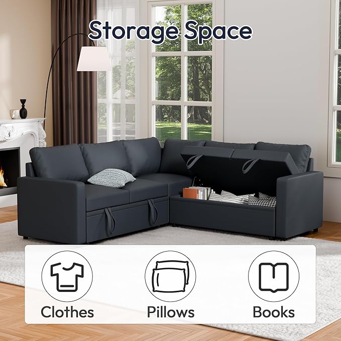 Sleeper Sofa Bed, Modular Sectional Couch with Pull Out Bed, L Shaped Sectional Convertible SofaBed with Storage Seat, for Living Room Apartment Bedroom Office Dark Gray Linen