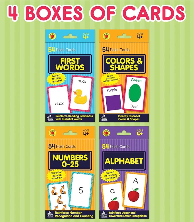Carson Dellosa Toddler Flash Cards 4 Pack, Alphabet Flash Cards, Sight Word Flash Cards, Colors & Shapes Flash Cards, Number Flash Cards, Math & Phonics Kindergarten - Preschool Learning Activities 4+