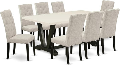 East West Furniture V627EL635-9 9 Piece Dining Table Set Includes a Rectangle Kitchen Table with V-Legs and 8 Doeskin Linen Fabric Parson Dining Room Chairs, 40x72 Inch, Multi-Color