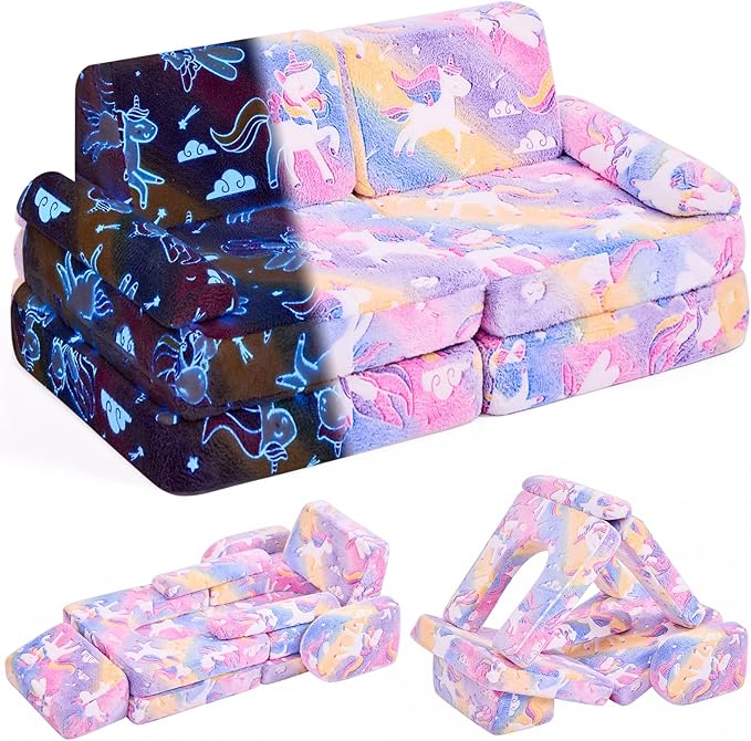 IFNOW Modular Kids Play Couch,Toddler Couch Kids Sofa,Child Sectional Sofa,Bedroom and Playroom Furniture for Toddlers,Convertible Foam and Floor Cushion for Boys and Girls,Glow in The Dark,Unicorn