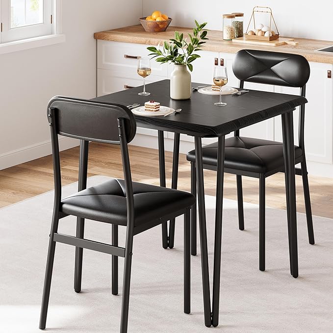 IDEALHOUSE Dining Table Set for 4, Kitchen Table with Upholstered Chairs for Kitchen Room and Small Spaces (Black, Table with 2 Upholstered Chairs)
