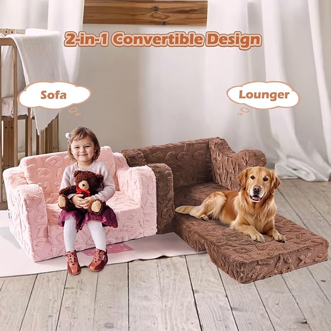 Kids Couch, 2-in-1 Convertible Kids Chair to Lounger Bed, Kids Sofa for Toddler Boys Girls, Ideal for Reading Sleeping Gaming Decor (Pink)