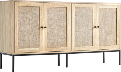 VEVOR Rattan Storage Cabinet with 4 Magnetic Doors and Adjustable Shelves, Sideboard Buffet for Hallway, Entryway, Living Room, or Kitchen, Natural