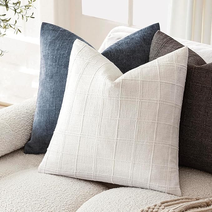Foindtower Set of 2 Decorative Linen Check Throw Pillow Covers Neutral Farmhouse Vintage Cushion Covers Modern Boho Home Decor for Sofa Chair Couch Bedroom Living Room Outdoor,26×26 Inch,Cream White