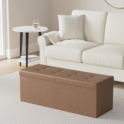 SONGMICS MAZIE Collection - 43 Inches Storage Ottoman Bench with Flipping Lid, Storage Chest with Iron Frame Support, Load 660 lb, for Living Room, Bedroom, Synthetic Leather, Coffee Brown ULSF075K01
